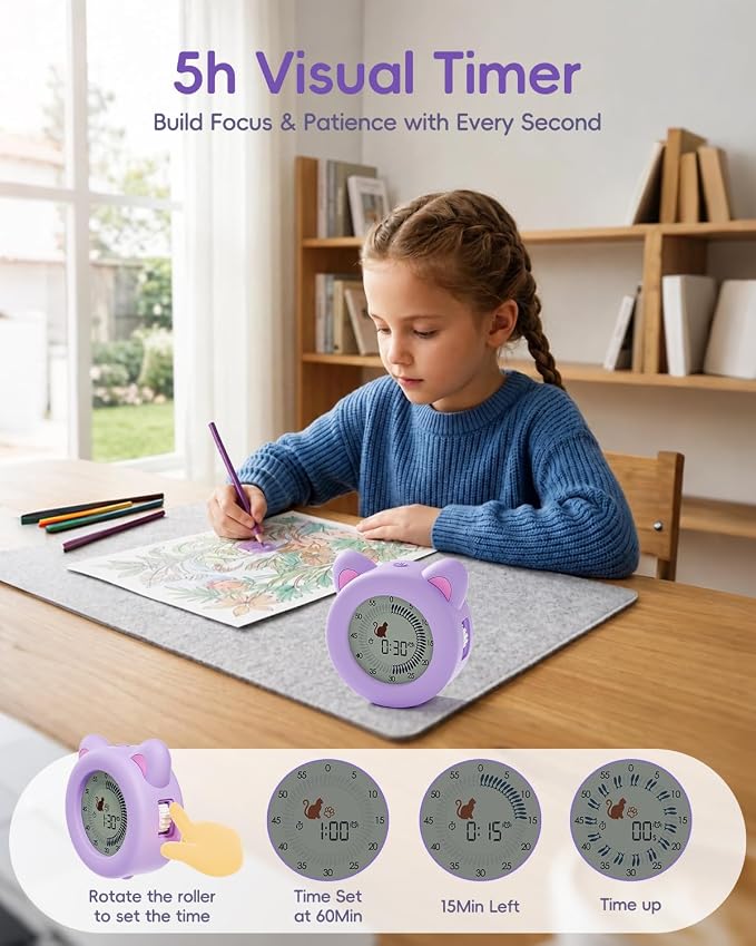 Visual Timer for Kids with Pause, Clock and Alarm Function, 299 min Cute Cat Desk Countdown Timer, ADHD Autism Toddler Support, Girl Timer for Kitchen, Office and Classroom