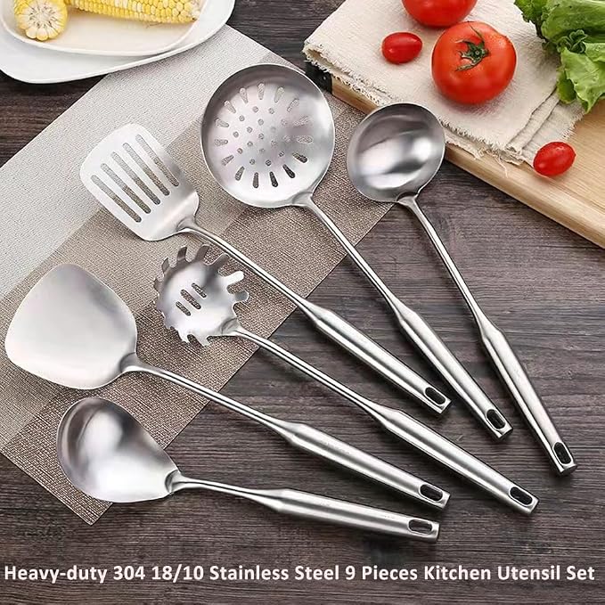 18/10 Stainless Steel Cooking Utensils Set 9 Pack Metal Kitchen Utensil, Spatula, Serving Soup spoon, Leaking shovel, Ladle, Tunner, Pasta Server, Meat Fork Kitchen Tools Set