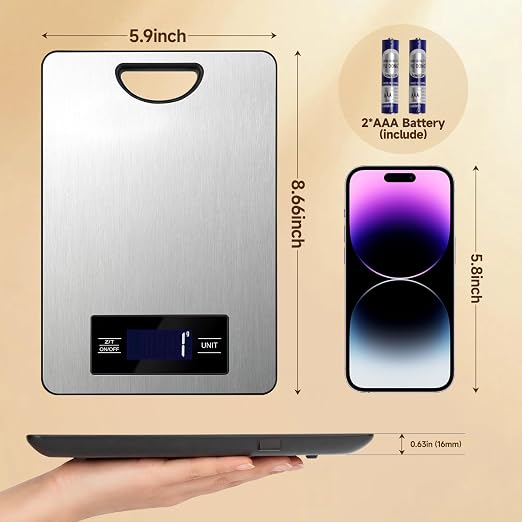 Food Scale, Digital Kitchen Scale with Hanging Loop, 11lb Baking Scale | 1g Accuracy, g/oz,etc.5 Unit Conversion, Tare Function, Fingerprint-Resistant Steel, Suitable for Cooking, Baking ,Meal Prep
