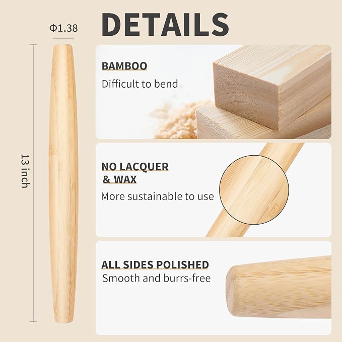 Classic Wood Rolling Pin, Wooden Roll Pin, Natural Wooden Roller with No Dents or Gaps for Baking Pizza Dough, Pie, Cookie and Pastry, 13Inch