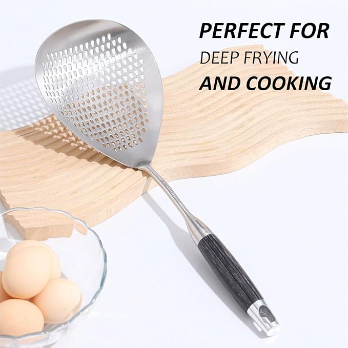 KAYCROWN Skimmer Slotted Spoon, 16.8 Inch 304 Stainless Steel Skimmer Ladle Spoon Spider Strainer for Cooking and Frying, Pasta Strainer Frying Spoon for Kitchen, Black
