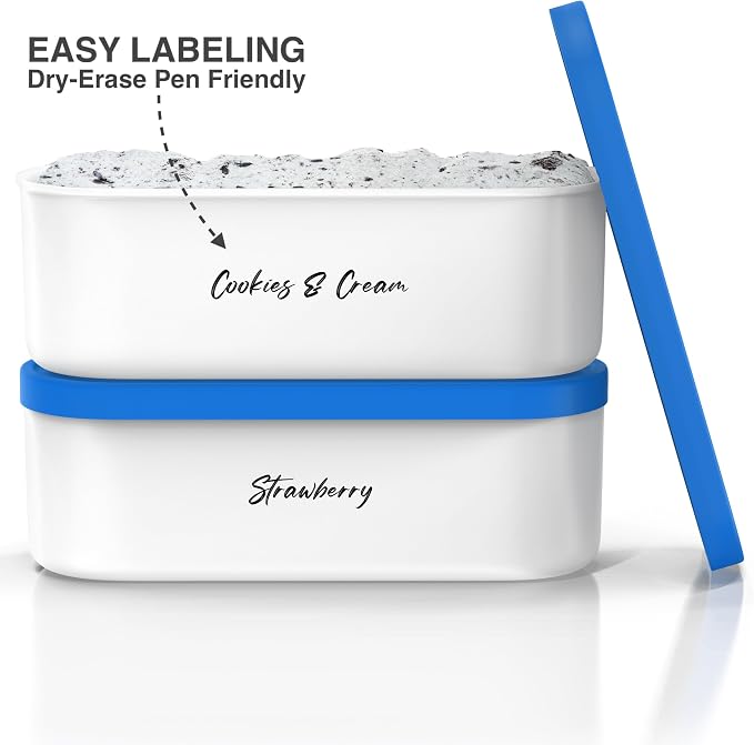 BALCI Ice Cream Containers - 2 Quart Ea. (Set of 2) - Premium Reusable Freezer Storage for Homemade Ice Cream Tub for Sorbet, Frozen Yogurt - Flexible Silicone Lids, Long Scoop, Stackable - Blue