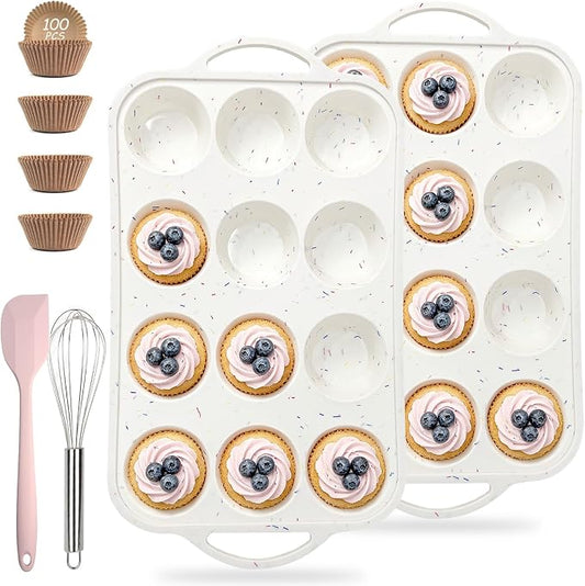 2 Pack Silicone Muffin Pans, 12 Cup Cupcake Pan with Metal Reinforced Frame | 3 Baking Tools Included, Nonstick Molds for Homemade Muffins, Cupcakes, Egg Bites, Oven & Dishwasher Safe