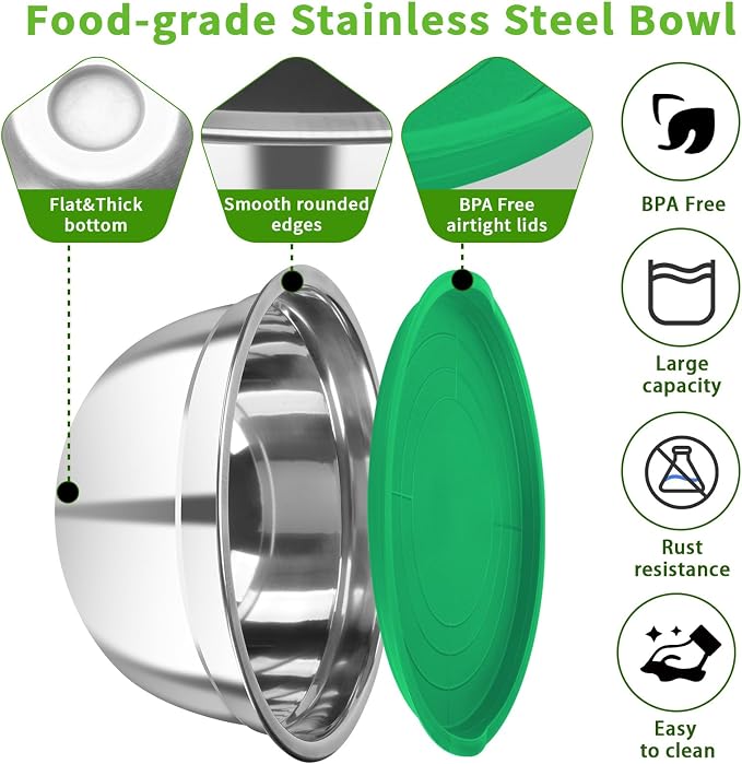 Stainless Steel Mixing Bowls with Color Lids, 7-Piece Set | Includes 7 bowls (0.7-4.5 QT) with colorful lids, stackable stainless steel mixing bowls for baking, serving and storage