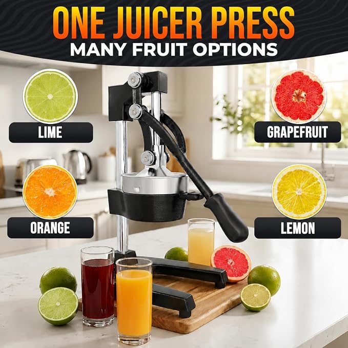Cast Iron Manual Juicer, Heavy-Duty Squeezer – One Pull Extracts Full Juice with No Electricity – Manual Citrus Press Juicer & Orange Squeezer for Lemon, Lime, and Lemonade at Home or Bar (Black)