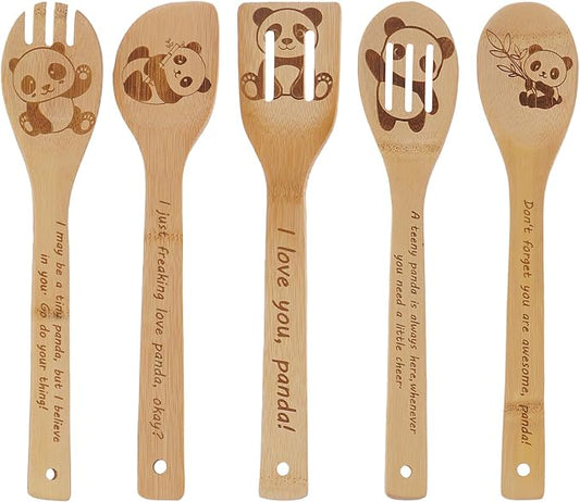 5PCS Panda Wooden Cooking Spoons Set Bamboo Cooking Spoons | Panda Kitchen Decor Housewarming Wedding Anniversary Thanksgiving Christmas for Mom Women Animal Lovers