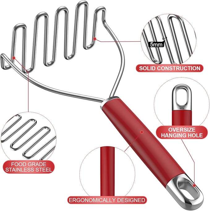 Potato Masher, Mashed Potato Masher Stainless Steel, Sturdy Masher Kitchen Tool for Potatoes, Avocado, Bean, Available for dishwasher - (Red)