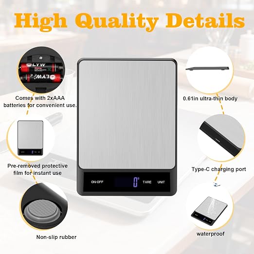 Food Digital Scale 33lb Kitchen Digital Scale Grams and Ounces for Weight Loss Baking Cooking Keto and Meal Prep Backlight LCD Smart Tare USB Rechargeable Waterproof 304 Stainless Steel