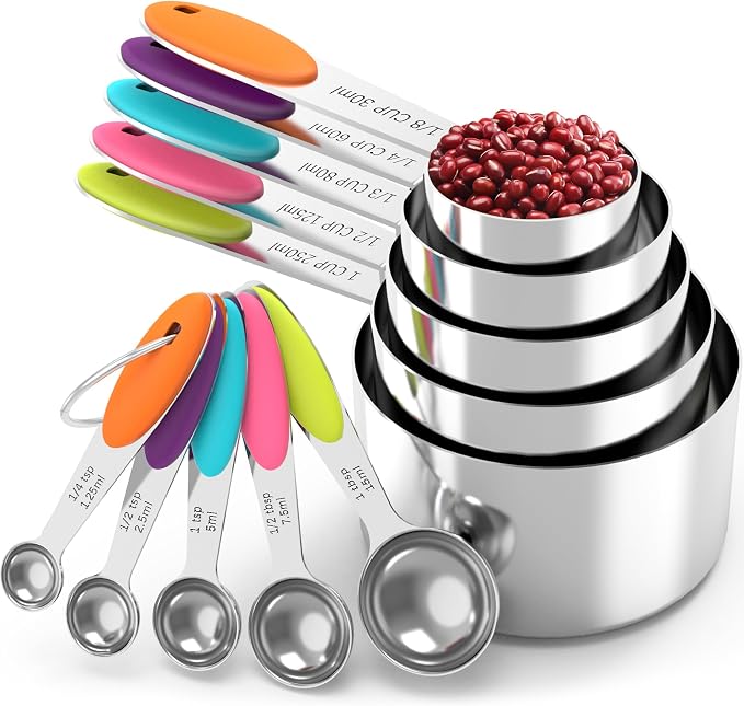 Nesting Measuring Cups and Spoons Set, Stainless Steel with Soft Silicone Handle – Heavy Duty & Dishwasher Safe for Measuring Dry/Liquid Ingredients, Ideal for Cooking & Baking (10)