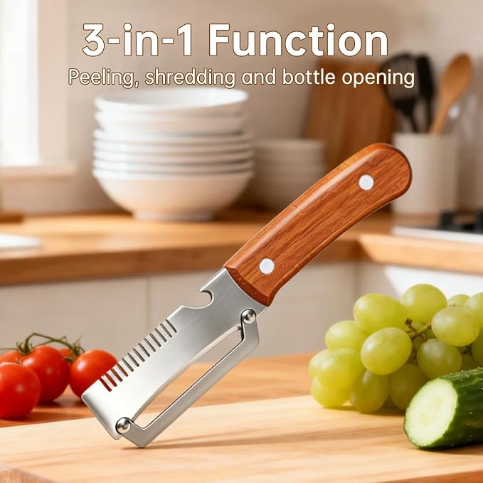 3-in-1 Multi-Function Kitchen Vegetable Peeler with Wooden Handle and Bottle Opener, Ideal for Peeling Fruits and Vegetables, Stainless Steel Blade Kitchen Tool (5 PCS)