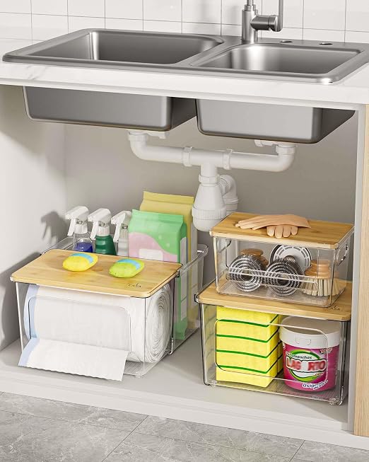 iCASA 3 in 1 Trash Bag Holder Garbage Bags Dispenser Under Sink Organizer | Stackable Trash Bag Organizer for 13/30/33 Gallon Bags, Clear Storage Bins for Kitchen, Cabinet, Laundry Room Organization