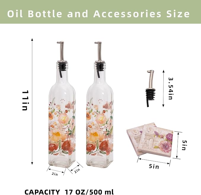 Topadorn 2-Pack Glass Olive Oil Dispenser Bottles with Stainless Steel Spout – 17oz Leak-Resistant Set for Kitchen, Oil & Vinegar Pourer