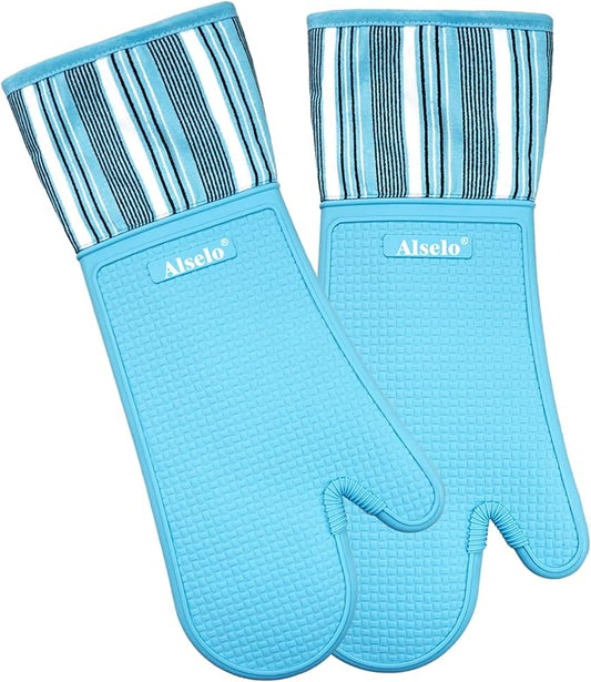 Alselo Oven Mitts Heat Resistant Silicone Kitchen Gloves for 550 Degrees with Waterproof and Non-Silp, Oven Gloves for Baking Cooking Barbecue Microwave Machine Washable (2, Extra Long Sapphire)
