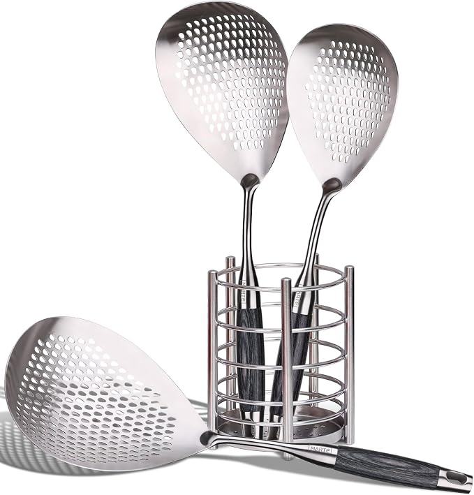 MARTE Skimmer Slotted Spoon Set of 4 - Kitchen Pasta Strainer Spoon - Spider Strainer Skimmer Ladle Spoon with Holder for Cooking and Frying Food, Spaghetti, Vegetable, Dumpling - 14.8In,16.5In,17In
