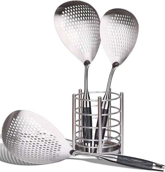 MARTE Skimmer Slotted Spoon Set of 4 - Kitchen Pasta Strainer Spoon - Spider Strainer Skimmer Ladle Spoon with Holder for Cooking and Frying Food, Spaghetti, Vegetable, Dumpling - 14.8In,16.5In,17In