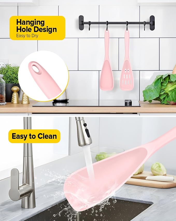 Pack of 2 Cooking Spoons for Non Stick Cookware, Multifunction Spatula Spoon BPA-Free, One-Piece Design, Suitable for Scooping, Scraping, Serving and Mixing (PINK)