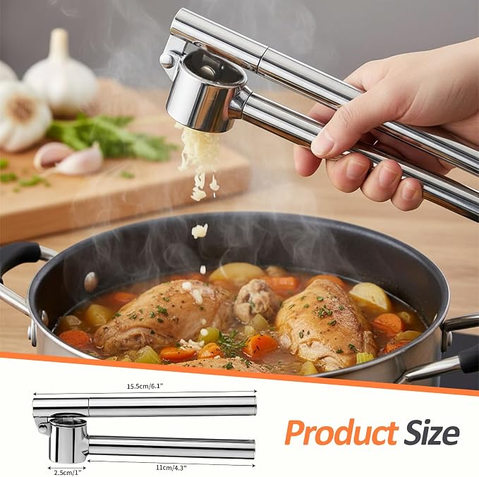 VINATO Stainless Garlic Press, Stainless Steel Kitchen Utensils, Garlic Crush for Kitchen with Peeler and Cleaning Brush, Professional Manual Chopper and Practical Kitchen Gadget