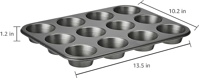 Amazon Basics Nonstick Muffin Pan,Set of 2,Sturdy,Oven Safe,Bakes Evenly,Easy to Clean,12 Cups,Gray,13.9x10.55x1.22,(Pack of 4)