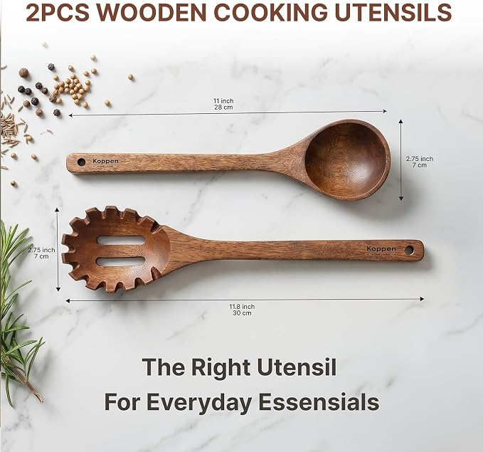 Koppen Dishwasher Safe Wooden Set, Durable Acacia Wood Ladel and Soup Spoon for Nonstick Cookware, Non Toxic, Heat Resistant, Smooth Grip, 2 Piece Set