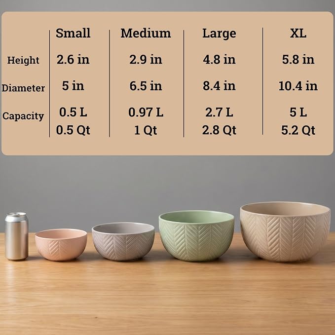 Ceramic Mixing Bowls Set of 4 pcs, Colorful Nesting Bowls 5, 3, 1, 0.5 Qt | Thick, Durable, Scratch Resistant Ceramic, Nesting Set of 4, Dishwasher, Freezer, Microwave, and Oven Safe, Wide Stable Base