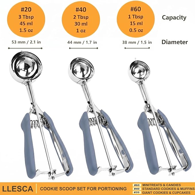 Cookie Scoop Set, 3Pcs Ice Cream Scoop, Cookie Scoops for Baking Set of 3, 18/8 Stainless Steel Cookie Scooper for Baking, Ice Cream Scooper with Trigger Release, Blue Gray Grip Cookie Dough Scoop