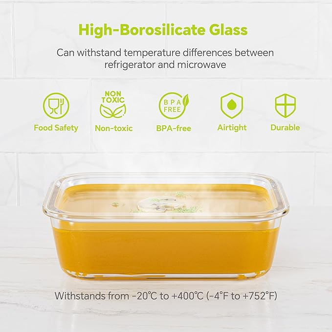 3-Pack 35 oz Borosilicate Glass Food Storage Containers with Lids, Stackable Airtight Glass Meal Prep Containers for Lunch & Leftover, BPA-Free & Leak Proof, for Microwave, Oven, Dishwasher