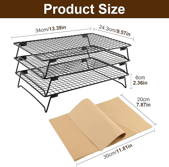 Cooling Racks for Cooking and Baking, 3-Tier Heavy-Duty Wire Cooling Rack | Bread Pie Waffles Roast Cookie Stackable Cooling Racks 10"x13.5", Oven and Dishwasher Safe, 50 Parchment Paper Included