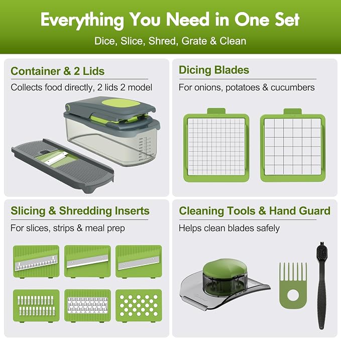 Ourokhome Vegetable Chopper with Container, 8-Blade Onion Chopper & Mandolin Slicer, 2-Lid Food Dicer with Safety Lock, Veggie Shredder Grater for Kitchen Meal Prep, Kitchen Gadgets (8 in 1, Gray)
