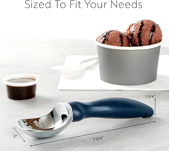 Restaurantware Comfy Grip 7.9 x 2 Inch Kitchen Ice Cream Scoop 1 Heavy-Duty Ice Cream Disher - Ergonomic PP Handle Dishwashable Navy Blue Metal Ice Cream Spade With Lid Opener Notch Multi-Use