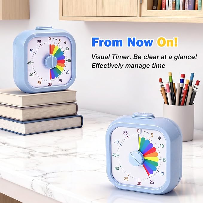 Mwellewm Visual Timer for Kids, 60 Minute Time Digital Pomodoro Timer Countdown with Silent Pause Function for Classroom Kitchen Study Cooking Meetings ADHD Rainbow Pattern(Blue)