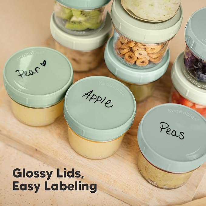 KeaBabies 6pk 4oz Glass Baby Food Containers with Lids, Leak-Proof (Sage) | Microwavable Small Glass Jars, Baby Purees, Toddler Snack Storage Containers, BPA-Free, Dishwasher-safe, Freezer Safe