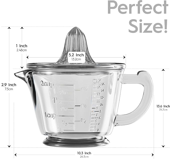 CuttleLab Glass 2-Cup Juicer (Clear) - Lemon and Lime Manual Squeezer, Citrus Reamer