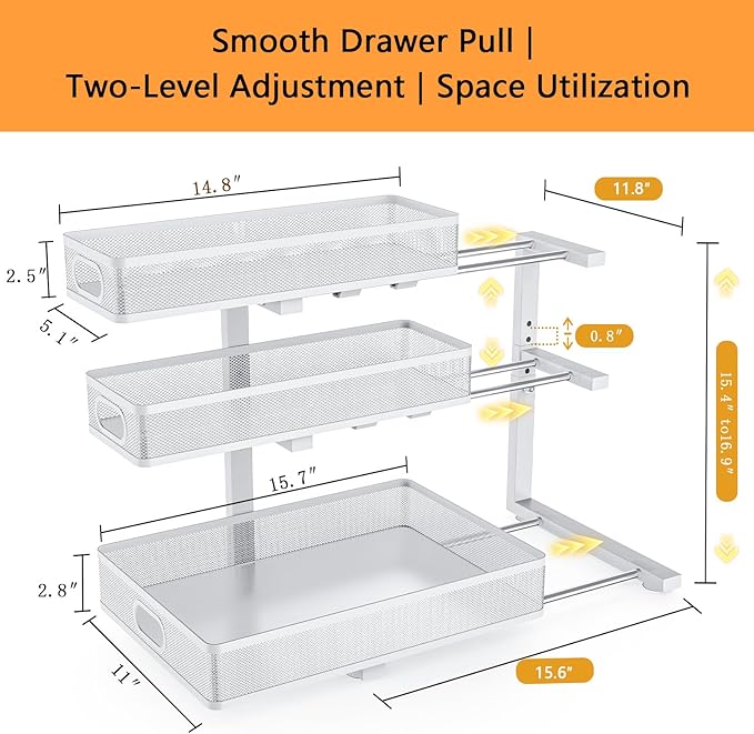Under Sink Organizer, 2-Pack 3-tier Under Sink Storage Organizer Adjustable Height Easy Assembly Pull Out Cabinet Organizers Basket for Bathroom Kitchen Pantry Home Organization