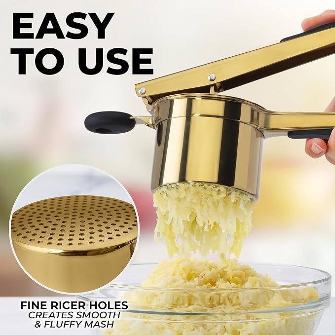 Zulay Kitchen Premium Large 15oz Potato Ricer, Heavy Duty Professional Stainless Steel Potato Masher and Ricer Kitchen Tool, Press and Mash Kitchen Gadget - Gold/Black