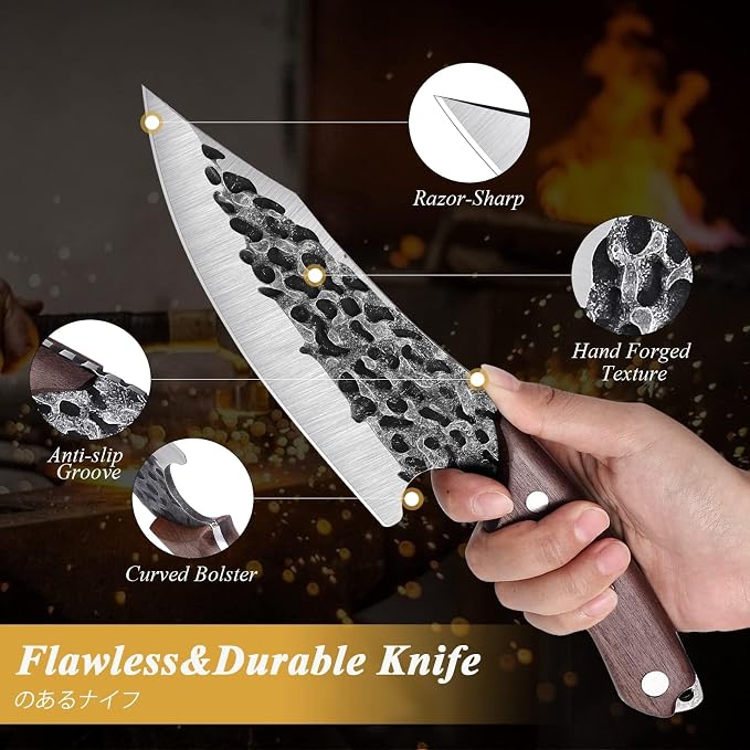 Huusk Viking Knife with Sheath - Hand Forged Boning Knife for Meat Cutting, Japanese Chef Knives for Kitchen, Outdoor Camping, Gift for Men and Women