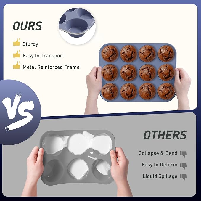 2 Pack 12 Cups Silicone Muffin Pan with Metal Reinforced Frame Regular Size Silicone Molds Cupcake Cake Baking Pans Cookie Baking Chocoflan Cupcake Mold Muffin Top Pan Flanera Housewarming Gift