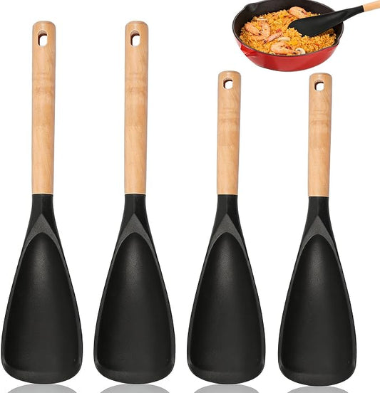 4Pcs Silicone Spatula Set with Wooden Handle, Cooking Spoon Spatula Multipurpose Kitchen Utensils for Mixing, Scraping, Serving, Heat Resistant, Non-Stick Safe, 2 Large 13.4"+ 2 Small 11.4"