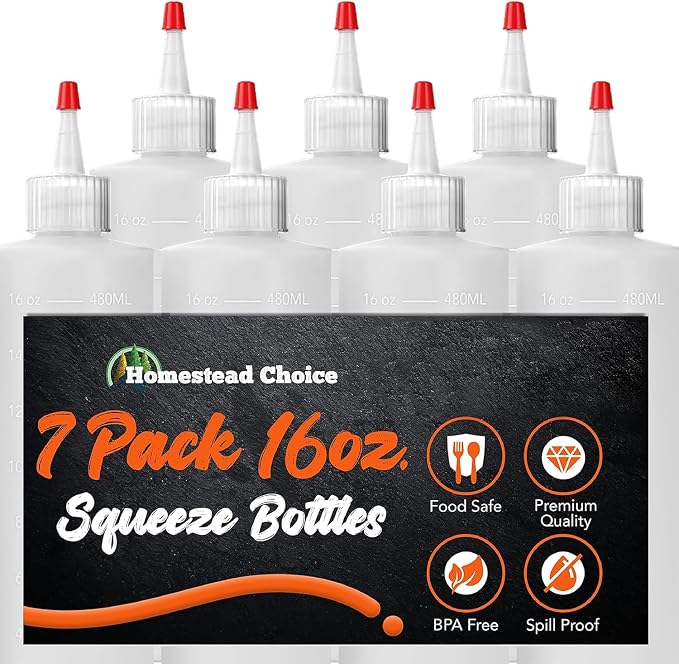 7-pack Plastic Squeeze Bottles for Sauces - 16oz Condiment Squeeze Bottles | for Liquids - BPA Free Squirt Bottle with Cap - Ketchup, Syrup, Oil, Dressings, Honey, kitchen,Arts and Crafts