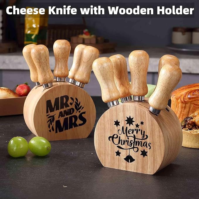 Cheese Knife Set with Wooden Holder,Cheese Spreader Knives Set of 5 for Charcuterie Board,Charcuterie Boards Accessories Charcuterie Utensils Tools Git Box (Mr Mrs)