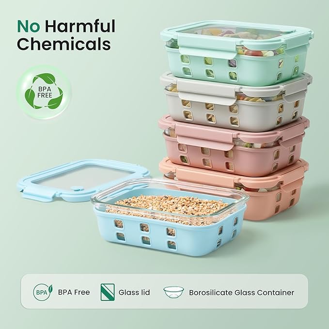 Glass Meal Prep Containers 5 Pack, 4.4 Cup Airtight Leakproof Lids, Borosilicate Glass Food Storage Containers, Microwave Oven Freezer Safe, BPA Free Lunch Containers