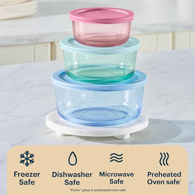 Pyrex Colors (3-Pack, Medium) Tinted Glass Round Food Storage Container Set | Meal prep containers (2, 4 & 7 cup) with snug fit plastic BPA-free lid, freezer, dishwasher, & microwave safe