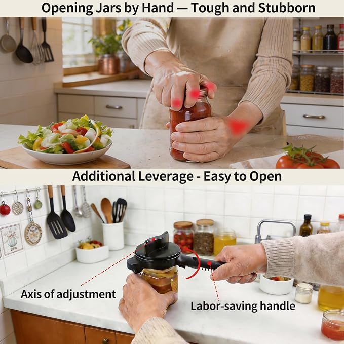 Jar Opener for Weak Hands, Seniors with Arthritis, 4-in-1 Multi-Purpose Lid Opener Includes Magnetic Hook & Rubber Gripper for Jars, Bottles and Beer Caps (Black)