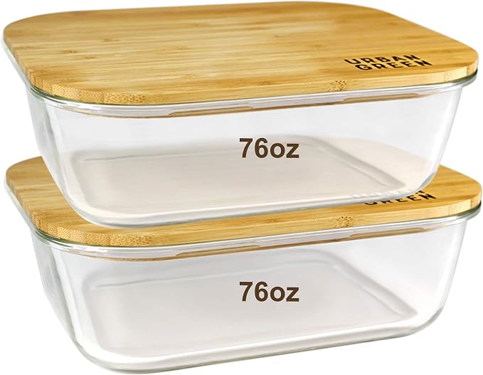 Glass Food Storage Containers, XXLarge Size, 76oz/2260ml, 2 Pack - Bamboo Lids, Microwave & Freezer Safe, Meal Prep & Pantry Organization