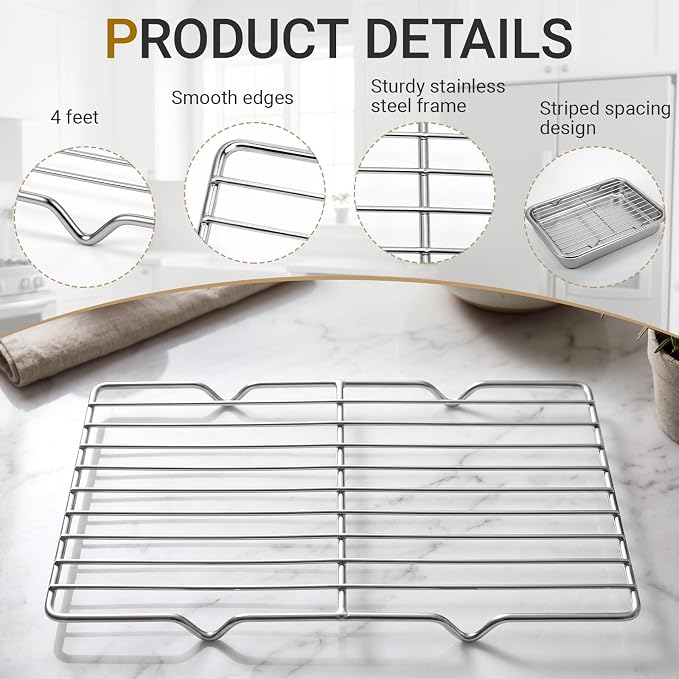 Lounsweer 2 Pack Cooling Racks, 5L x 10.5W x 1H Stainless Steel Wire Rack for Baking Sheet, Large Cookie Cooling Rack, Oven Safe Cooking Racks for Sheet Pan, Dishwasher Safe, Fits Third Size Pans