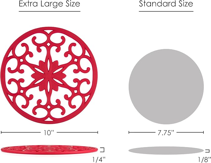GASARE, Extra Large, Thick, 10" Silicone Trivets for Hot Dishes, Pots, and Pans, Hot Pads for Countertops, Flexible, Dishwasher Safe, 10 x ¼ Inches, Set of 3, Red