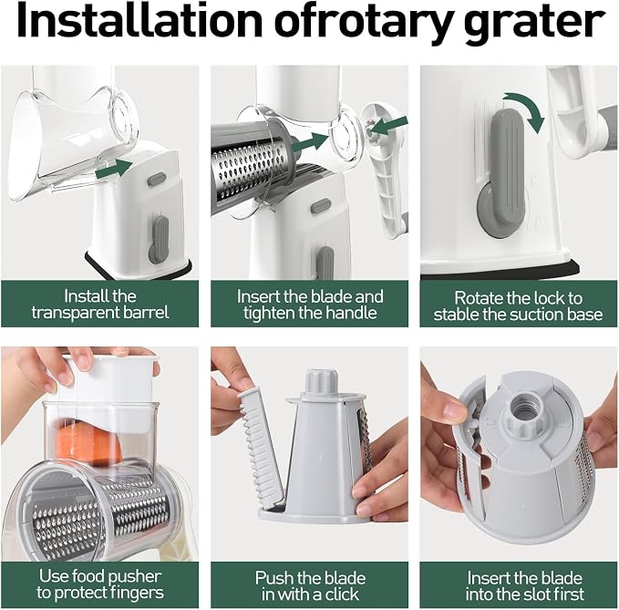 APSARAS USA Cheese Grater Hand Crank, Rotary Cheese Grater, 5 in 1 Rotary Grater, Cheese Shredder Replaceable Stainless Blades with Strong Suction Base, Easy to Clean Kitchen Gadgets with Storage Box