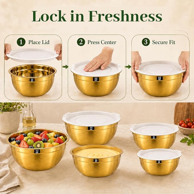 5-Piece Gold Stainless Steel Mixing Bowls with White Lids, Nesting Mixing Bowl Set in 1.5, 2.1, 3.5, 4 and 4.5 QT Sizes for Baking, Cooking, Meal Prep, Salad, Everyday Kitchen Use and Food Prep