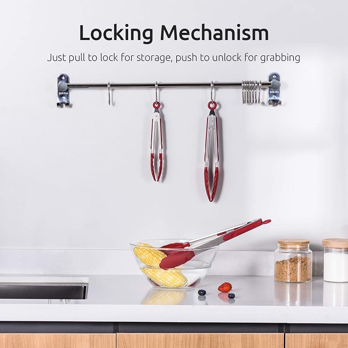 Kitchen Tongs, U-Taste 7/9/12 inches Cooking Tongs, with 600ºF High Heat-Resistant Non-Stick Silicone Tips, 18/8 Stainless Steel Handle, for Food Grill, Salad, BBQ, Frying, Serving, Pack of 3(Red)