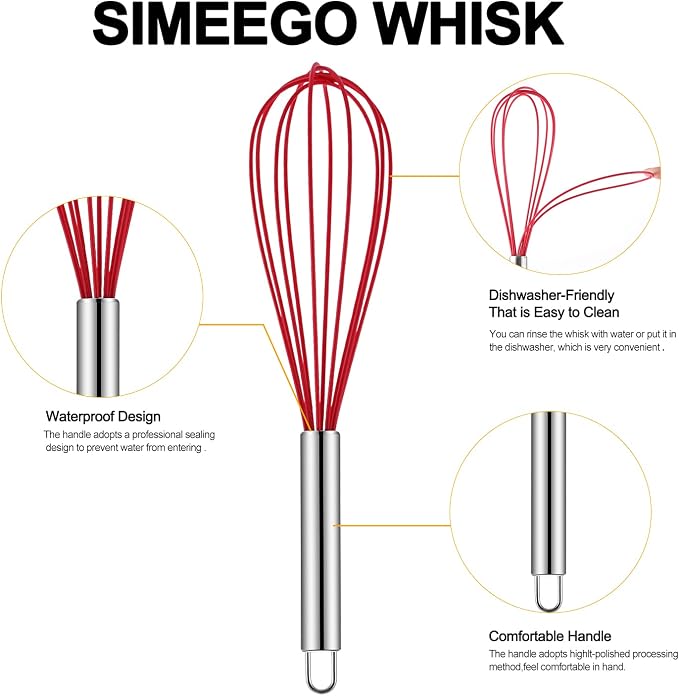Silicone Whisk, Sturdy Color Balloon Line Whisk Set of 3 Pieces, Upgraded Kitchen Mixer, Stainless Steel Handle, Chef's Best Kitchen Tools for Cooking, Stirring, Mixing, Battering, Stirring
