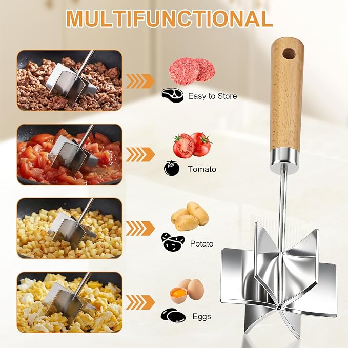 Stainless Steel Meat Chopper, 6 Curve Blades Beef Masher with Wooden Handle | 11 Inch Potato fruits Masher and tenderizes meat Hamburger Smasher, Mix and Chop Kitchen Tool for Taco Meat